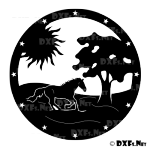 DXF194 - Running Horse with Sun and Tree Design for CNC Cutting