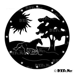 DXF194 - Running Horse with Sun and Tree Design for CNC Cutting