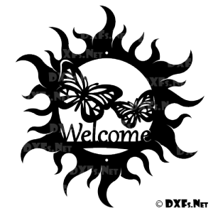 DXF202 - Butterfly Sun Circle Welcome Sign Design for CNC Cutting
